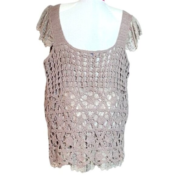 Crochet Sleeveless Top 1X Deep Taupe/Mocha With Intricate Floral Accents At Neck - Picture 2 of 10